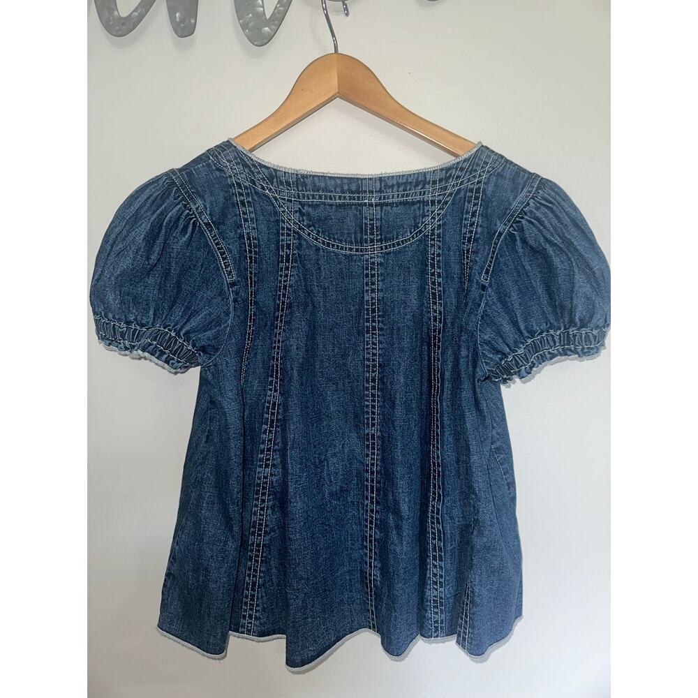 Pilcro Anthropologie Denim Chambray Blouse M Puff Sleeve Toggle Boho Top - Picture 3 of 5